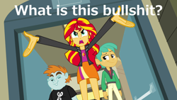 Size: 1920x1080 | Tagged: safe, snails, snips, sunset shimmer, equestria girls, image macro, vulgar