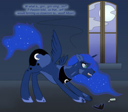 Size: 3250x2850 | Tagged: safe, artist:violetrosefall, princess luna, alicorn, hengstwolf, pony, werewolf, confused, dialogue, fangs, full moon, magic potion, moon, paws, solo, transformation, window