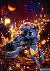 Size: 566x800 | Tagged: safe, artist:assasinmonkey, color edit, edit, princess luna, alicorn, pony, algorithmia, beautiful, canterlot, city, clothes, colored, colorize-it, crescent moon, deep learning, dress, female, jewelry, mare, moon, necklace, night, pond, prone, scenery, solo, stars, water, waterlily