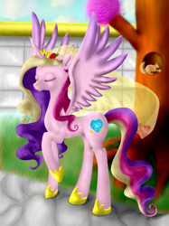 Size: 2000x2668 | Tagged: safe, artist:flutterwry, artist:honey23530, princess cadance, alicorn, pony, squirrel, solo, tree