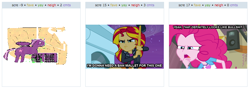 Size: 800x282 | Tagged: safe, pinkie pie, sunset shimmer, equestria girls, exploitable meme, image macro, juxtaposition, juxtaposition win, meme, reaction image, vulgar, wat