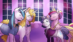 Size: 1280x750 | Tagged: safe, artist:shellielle, prince blueblood, princess cadance, rarity, shining armor, alicorn, pony, unicorn, alternate hairstyle, alternate universe, bowtie, commission, couple, female, gay, grand galloping gala, group, lesbian, male, mare, party, raridance, shiningblood, shipping, smiling, stallion