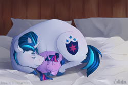 Size: 1280x853 | Tagged: safe, artist:maniak-pl, shining armor, twilight sparkle, pony, unicorn, bbbff, bed, brother and sister, cute, female, filly, filly twilight sparkle, male, mare, morning ponies, pillow, prone, shining adorable, siblings, sleeping, stallion, twiabetes, unshorn fetlocks, younger