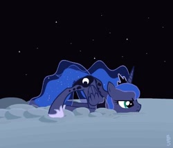 Size: 420x360 | Tagged: safe, artist:vapgames, princess luna, alicorn, pony, bored, dumb running ponies, face down ass up, frown, glare, moon, scootie belle, solo, space