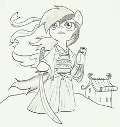 Size: 999x1054 | Tagged: safe, artist:joelashimself, rainbow dash, pegasus, pony, bipedal, black and white, female, grayscale, japan, katana, mare, monochrome, samurai, simple background, solo, sword, weapon