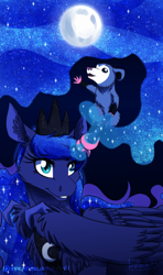 Size: 900x1525 | Tagged: safe, artist:inuhoshi-to-darkpen, princess luna, tiberius, alicorn, pony, fluffy, magic, moon, night, stars