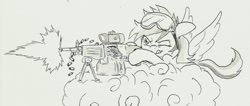 Size: 1661x706 | Tagged: safe, artist:joelashimself, rainbow dash, pegasus, pony, cloud, gun, machine gun, solo, weapon