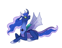 Size: 1024x800 | Tagged: safe, artist:maskarie, princess luna, changedling, changeling, to where and back again, changedlingified, changelingified, curved horn, floppy ears, lidded eyes, prone, simple background, smiling, solo, species swap, spread wings, transparent background