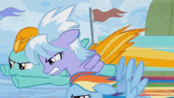 Size: 640x360 | Tagged: safe, screencap, cloudchaser, fast clip, lightning dust, manerick, rainbow dash, pegasus, pony, wonderbolts academy, animated, animation error, female, gif, mare, speed trail, spinning, wrong cutie mark
