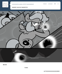 Size: 666x800 | Tagged: safe, artist:egophiliac, princess luna, alicorn, pony, cartographer's cap, filly, grayscale, hat, jewelry, magic, monochrome, moonstuck, rock, sailor moon, solo, tiara, woona, younger
