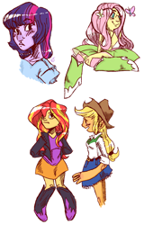 Size: 1000x1472 | Tagged: safe, artist:stevetwisp, applejack, fluttershy, sunset shimmer, twilight sparkle, equestria girls, sketch dump