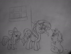 Size: 3264x2448 | Tagged: safe, artist:pakarido, apple bloom, snips, sunset shimmer, pony, crying, grayscale, monochrome, pencil drawing, traditional art