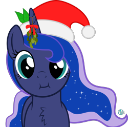 Size: 2500x2481 | Tagged: safe, artist:arifproject, princess luna, alicorn, pony, :i, arif's christmas pones, arif's scrunchy pone, chest fluff, cute, female, hat, leaf, looking at you, mistletoe, santa hat, simple background, solo, transparent background, vector