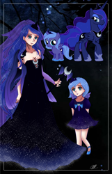 Size: 912x1414 | Tagged: safe, artist:violetleegee, princess luna, human, alternative cutie mark placement, clothes, dress, filly, human ponidox, humanized, self paradox, self ponidox, shoulder cutie mark, staff, wand, woona, younger