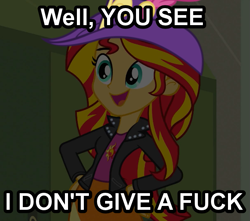 Size: 647x572 | Tagged: safe, sunset shimmer, equestria girls, caption, gary motherfucking oak, hat, image macro, reaction image, solo, sunset motherfucking shimmer, vulgar