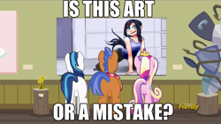 Size: 1563x878 | Tagged: safe, artist:mimicpony, edit, edited screencap, screencap, princess cadance, shining armor, spearhead, oc, oc:mistake, alicorn, centaur, earth pony, pony, satyr, unicorn, a flurry of emotions, all fours, art, art or a mistake, clothes, featureless crotch, female, kneeling, looking at something, male, mare, meme, obvious, offspring, one-piece swimsuit, open mouth, parent:queen chrysalis, plot, pun, smiling, stallion, swimsuit