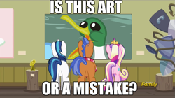 Size: 1563x878 | Tagged: safe, edit, edited screencap, screencap, princess cadance, shining armor, spearhead, alicorn, duck, pony, unicorn, a flurry of emotions, a thousand nights in a hallway, art or a mistake, exploitable meme, image macro, meme, rhetorical question