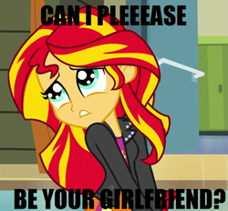 Size: 871x807 | Tagged: safe, edit, screencap, sunset shimmer, equestria girls, anime battle thread, begging, bronybait, cute, frown, gritted teeth, image macro, meme, sad, shimmerbetes, solo, waifu