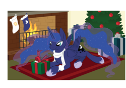 Size: 3785x2631 | Tagged: safe, artist:gracewolf, princess luna, alicorn, pony, christmas stocking, christmas tree, clothes, fireplace, present, prone, scarf, solo, tree