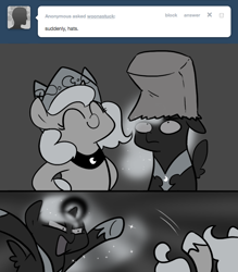 Size: 666x761 | Tagged: safe, artist:egophiliac, nightmare moon, princess luna, alicorn, pony, cartographer's kitty hat, cute, dark woona, eyes closed, filly, floppy ears, frown, grayscale, magic, monochrome, moonstuck, nightmare woon, paper bag, pushing, smiling, wide eyes, woona, woonoggles, younger