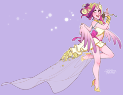 Size: 2048x1583 | Tagged: safe, artist:skirtzzz, princess cadance, human, clothes, crossover, dress, dressphere, final fantasy, final fantasy x-2, horned humanization, humanized, microphone, midriff, pony coloring, solo, songstress, wedding dress, winged humanization
