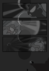 Size: 666x950 | Tagged: safe, artist:egophiliac, nightmare moon, princess luna, alicorn, pony, cartographer's cap, cliff, dark woona, filly, glowing eyes, grayscale, hat, magic, monochrome, moon, moonstuck, nightmare woon, woona, younger