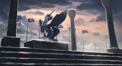 Size: 1870x1015 | Tagged: safe, artist:shamanguli, nightmare moon, princess luna, alicorn, pony, eyes closed, flag, hidden eyes, mountain, nightmare luna, rearing, scenery, snow, snowfall, solo, spread wings, statue, winter