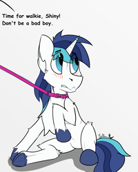 Size: 3359x4189 | Tagged: safe, artist:starrypallet, shining armor, pony, unicorn, absurd resolution, chest fluff, collar, flat colors, horn ring, leash, male, offscreen character, pet play, shiningabuse, simple background, solo, stallion, text, white background