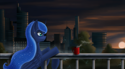 Size: 3920x2167 | Tagged: safe, artist:dezdark, princess luna, alicorn, pony, city, ear piercing, earring, jewelry, mug, piercing, solo, sunset