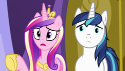 Size: 1280x720 | Tagged: safe, screencap, princess cadance, shining armor, alicorn, pony, unicorn, a flurry of emotions