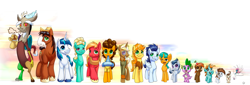 Size: 3523x1200 | Tagged: safe, artist:tsitra360, big macintosh, braeburn, button mash, cheese sandwich, discord, pipsqueak, pound cake, rumble, seabreeze, shining armor, snails, snips, soarin', spike, trenderhoof, trouble shoes, zephyr breeze, breezie, draconequus, dragon, earth pony, pegasus, pony, unicorn, baby, baby pony, colored pupils, colt, group, height difference, looking at you, male, simple background, size difference, smiling, stallion, white background