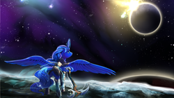 Size: 2400x1350 | Tagged: safe, artist:viwrastupr, princess luna, alicorn, pony, armor, crossover, female, levitation, looking up, magic, mare, moon, planet, scythe, scythe of elune, solo, space, spread wings, stars, telekinesis, warcraft, warrior luna, weapon, world of warcraft