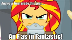 Size: 1024x576 | Tagged: safe, sunset shimmer, equestria girls, angry, caption, clipboard, image macro, meme, solo