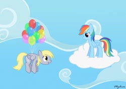 Size: 1224x864 | Tagged: safe, artist:mynder, derpy hooves, rainbow dash, pegasus, pony, balloon, cloud, cloudy, female, mare