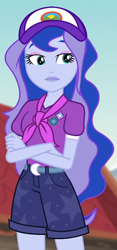 Size: 338x720 | Tagged: safe, screencap, princess luna, vice principal luna, equestria girls, legend of everfree, cap, clothes, crescent moon, cropped, hat, moon, scarf, shorts, solo