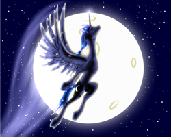 Size: 1280x1024 | Tagged: safe, artist:vasillium, prince artemis, princess luna, alicorn, pony, flying, moon, night, rule 63, solo, unshorn fetlocks