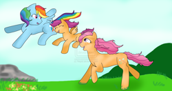 Size: 1600x846 | Tagged: safe, artist:reipid, rainbow dash, scootaloo, sparkleworks, pegasus, pony, g3, g3 to g4, generation leap, scootaloo can fly, watermark
