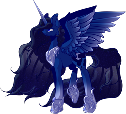 Size: 1432x1294 | Tagged: safe, artist:anxiouslilnerd, artist:olivecow, princess luna, alicorn, pony, collaboration, frown, simple background, solo, spread wings, transparent background