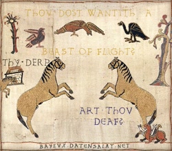 Size: 685x600 | Tagged: safe, derpy hooves, fluttershy, rainbow dash, tank, bird, pegasus, pony, bayeux tapestry, bayeux tapestry meme, female, find a pet, grammar error, mare, medieval, ye olde butcherede englishe, ytmnd