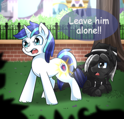 Size: 1500x1440 | Tagged: safe, artist:vavacung, shining armor, oc, oc:shadow dash, bat pony, pony, unicorn, angry, cutiespark, dialogue, fanfic, fanfic art, open mouth, protecting