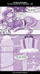 Size: 755x1390 | Tagged: safe, artist:lumineko, princess luna, oc, oc:neko heart, alicorn, pony, canterlot, castle, christmas lights, clothes, comic, costume, cute, dialogue, lunabetes, ocbetes, offscreen character, present, santa costume, signature, sofa