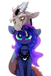 Size: 3000x4494 | Tagged: safe, artist:elementalokami, discord, princess luna, alicorn, pony, absurd resolution, cute, discute, fangs, lunabetes, lunacord, male, missing accessory, shipping, smiling, straight