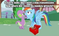 Size: 500x308 | Tagged: safe, edit, rainbow dash, spike, dragon, pegasus, pony, image macro, wat