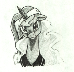 Size: 1328x1304 | Tagged: safe, artist:naivintage, princess luna, alicorn, pony, bust, christmas, floppy ears, hat, hearth's warming eve, holiday, monochrome, portrait, santa hat, sketch, solo