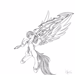 Size: 5000x5000 | Tagged: safe, artist:skitsroom, princess cadance, alicorn, pony, absurd resolution, fluffy, monochrome, simple background, solo, spread wings, sword, weapon