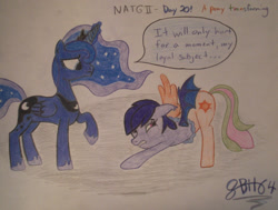 Size: 1321x1000 | Tagged: safe, artist:8-bit64, princess luna, oc, bat pony, pony, duo, gritted teeth, magic, traditional art, transformation