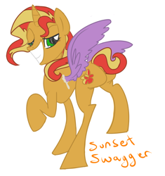 Size: 780x830 | Tagged: source needed, safe, sunset shimmer, pony, glue, plot, raised hoof, smiling, solo, wings