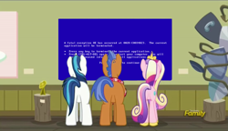 Size: 1280x738 | Tagged: safe, edit, edited screencap, screencap, princess cadance, shining armor, spearhead, alicorn, pony, unicorn, a flurry of emotions, a thousand nights in a hallway, art or a mistake, blue screen of death, discovery family logo, exploitable meme, meme