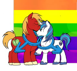 Size: 1048x957 | Tagged: safe, artist:flutterdashwhore, edit, big macintosh, shining armor, earth pony, pony, unicorn, eyes closed, forehead kiss, gay, gay pride, gay pride flag, infidelity, kissing, male, pride, shiningmac, shipping, side view, stallion, unshorn fetlocks