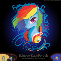 Size: 1299x1299 | Tagged: safe, artist:hinoraito, rainbow dash, pegasus, pony, clothes, headphones, merchandise, official, solo, t-shirt, welovefine